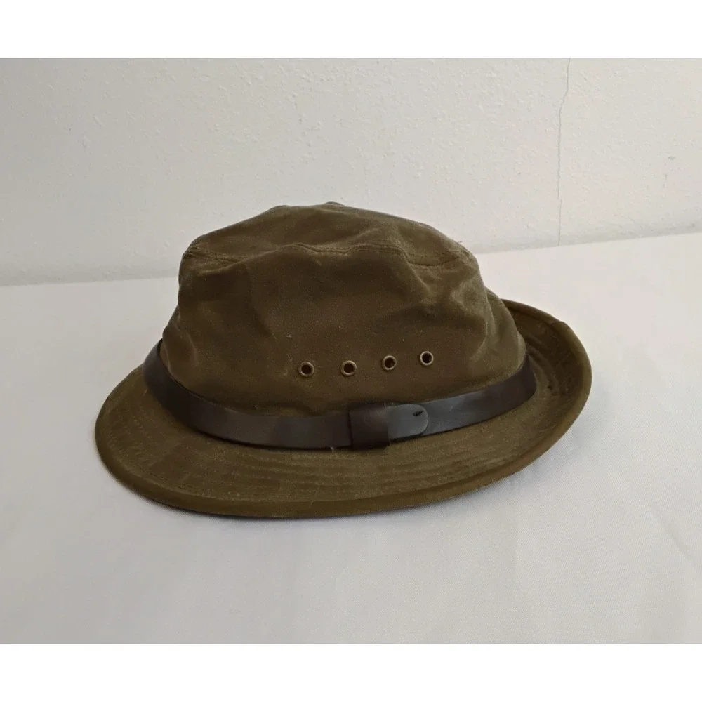 C.C. Filson Tin Cloth Packer Hat Waxed Canvas Leather Band USA Made #W5192